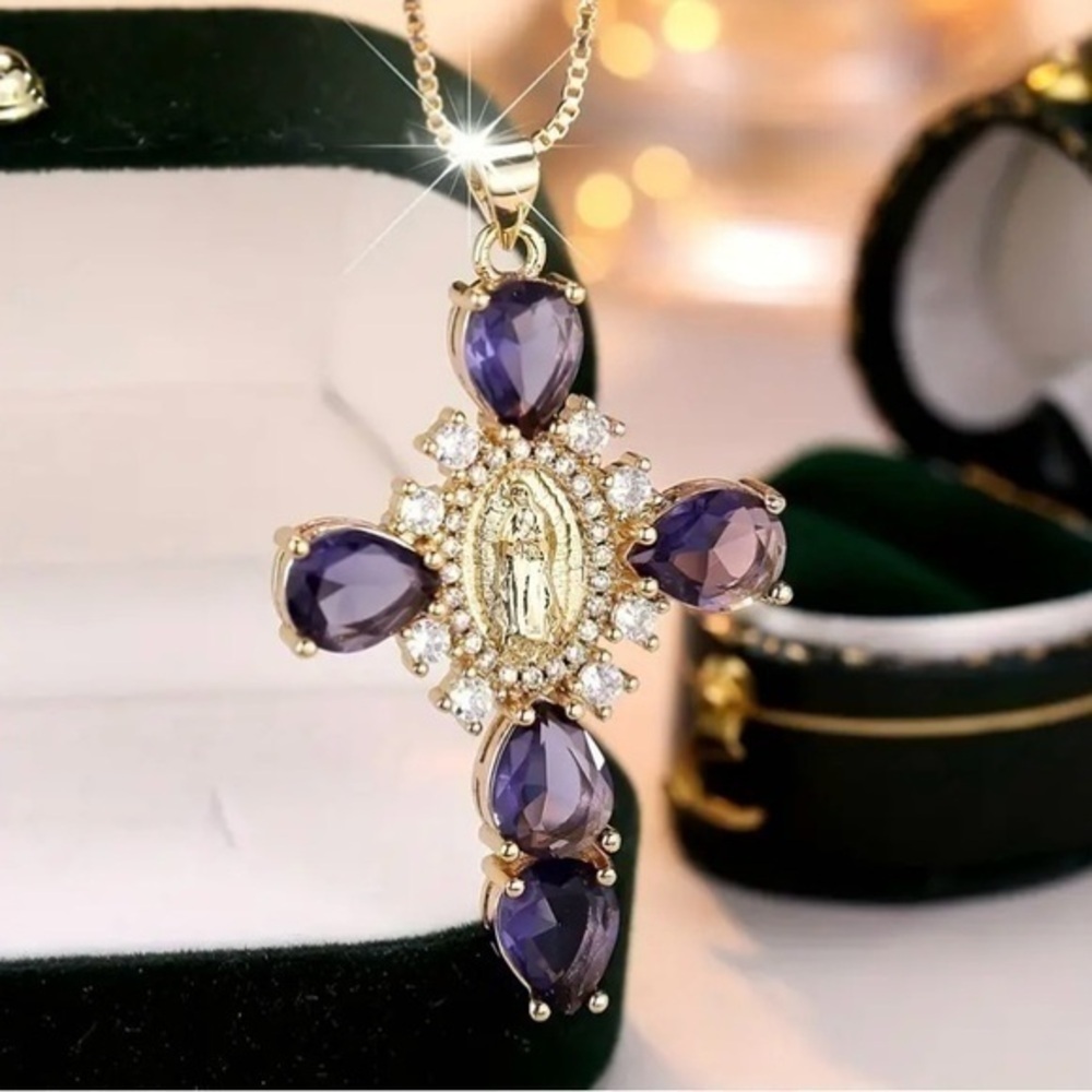 18K Gold Purple Zircon Virgin Mary Cross Pendant Necklace